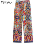 Yipinpay Spring Fashion Print Vest Coat With Belt 2023 New Two Pieces Long Pants Sets Casual Sleeveless Jackets Street Outwear