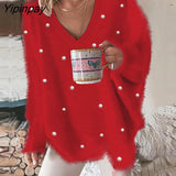 Yipinpay Women Casual Beaded Decor Long Sleeve Fluffy Top