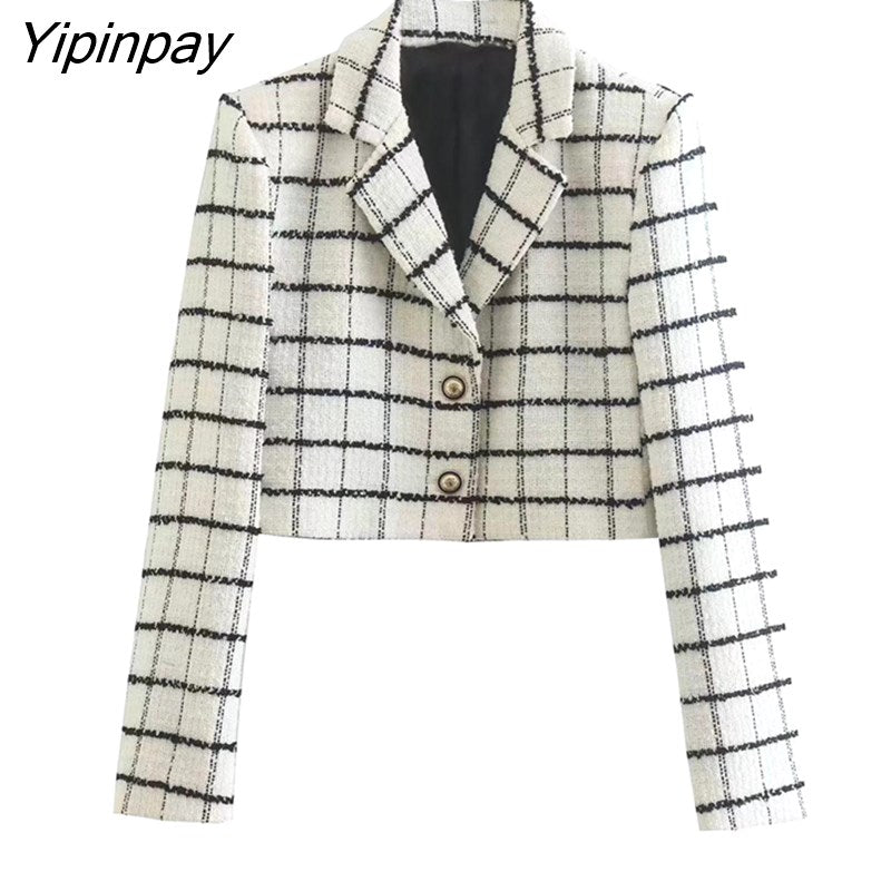 Yipinpay Cropped Women Plaid Blazer Jacket 2023 Autumn Female Fashion Streetwear Ladies Coat Pockets Short Long Sleeve Girls Outfit