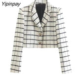 Yipinpay Cropped Women Plaid Blazer Jacket 2023 Autumn Female Fashion Streetwear Ladies Coat Pockets Short Long Sleeve Girls Outfit