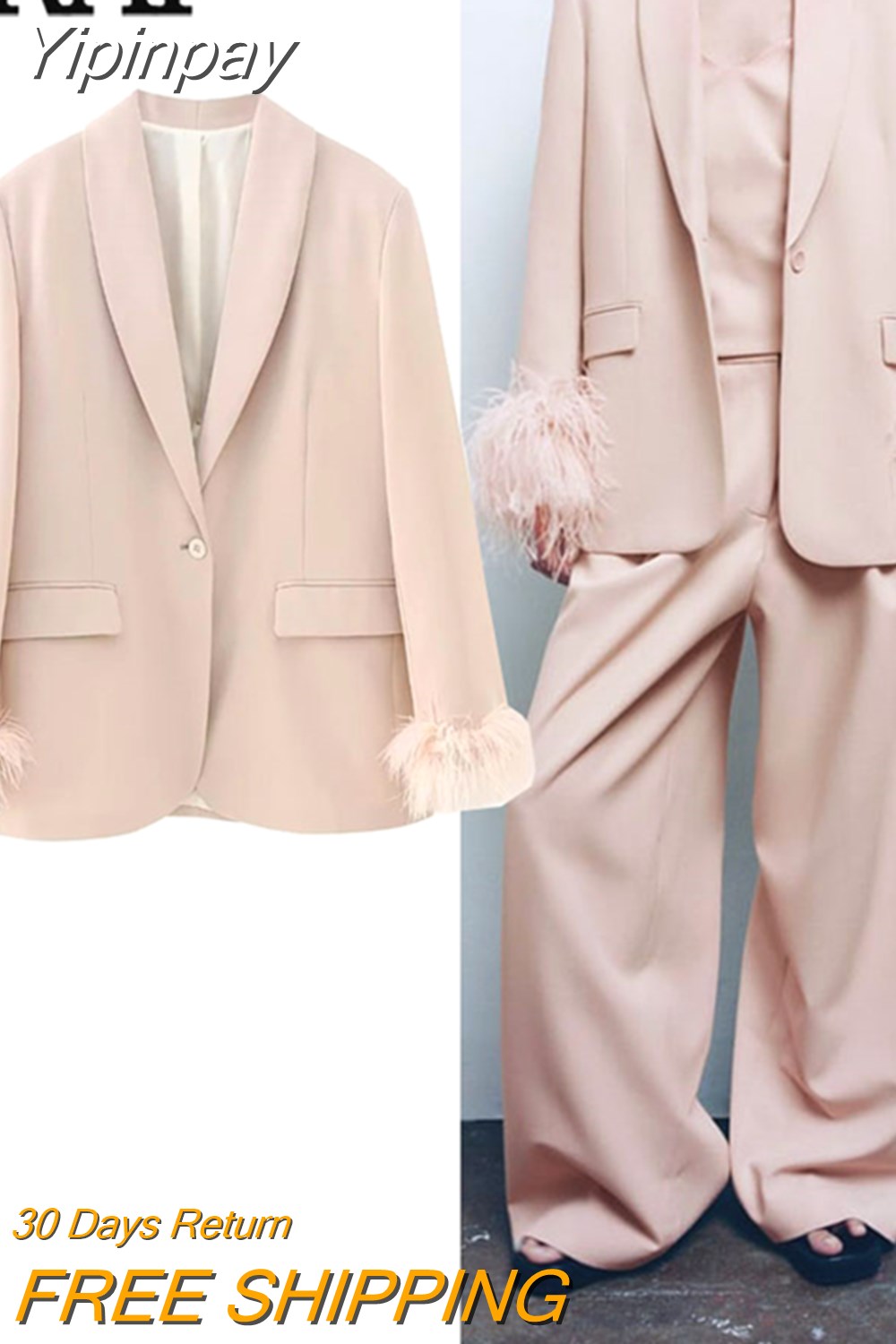 Yipinpay 2023 Pink Blazer Woman Fashion Button Jacket With Feathers Long Sleeve Blazer Suits For Women Spring Elegant Womens Jackets