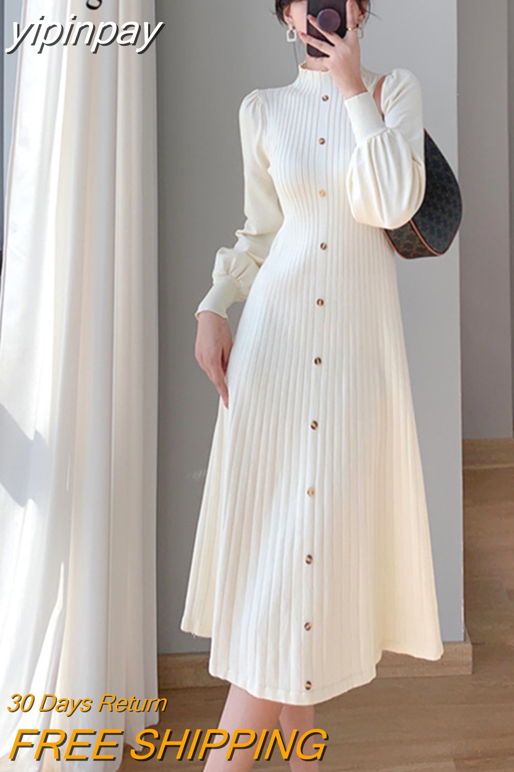 yipinpay 2023 Korean Fashion Women's Sweater Dress Buttons Autumn Knitwear Long Midi Dresses Female Winter Black Chic Vestidos