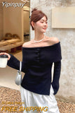 Yipinpay Shoulder Y2k Knitted Sweater Women Casual Long Sleeve Elegant Pullover 2023 Autumn Pure Color Korea Fashion Tops Female Chic
