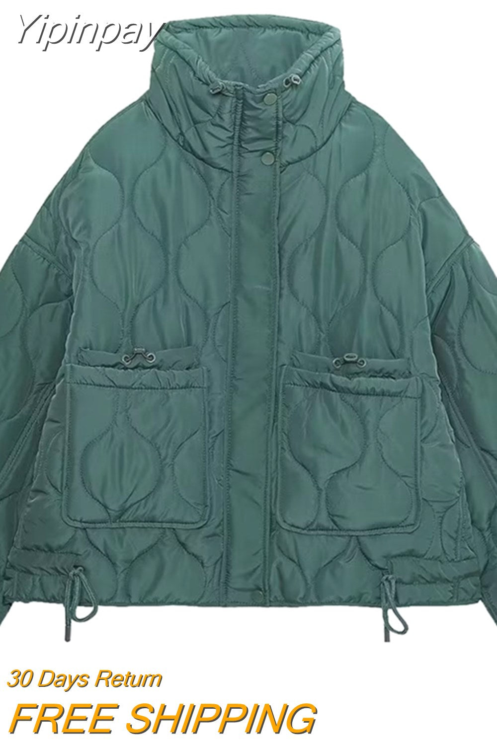 Yipinpay TRAF Fashion Quilted Coat for Women 2023 Stand Collar Warm Coats Female Front Zipper Long Sleeve Jacket Ladies Outerwear