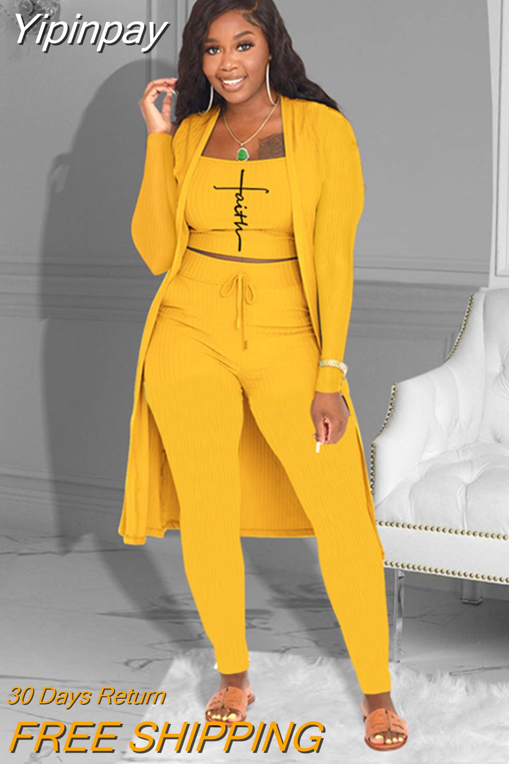 Yipinpay Letter Print Ribbed Top & Pants Set With Coat 2023 new female fashion suit outfits