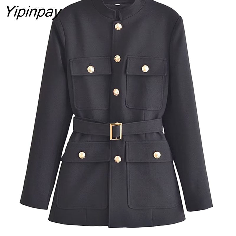 Yipinpay Women Single Breasted Blazer Coat With Belt 2023 Autumn Vintage Long Sleeve Flap Pockets Female Outerwear Chic Vestes Femme