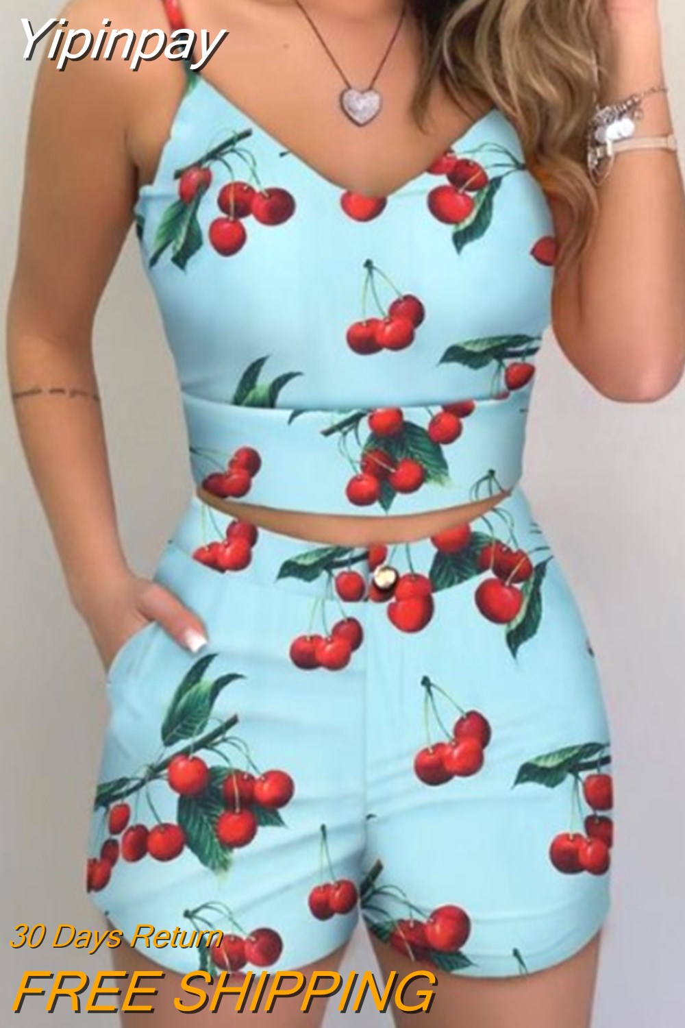 Yipinpay Print Suit Two-piece Women's Tropical Print Suspender Top and Fashionable Street Casual Shorts Suit Female Summer