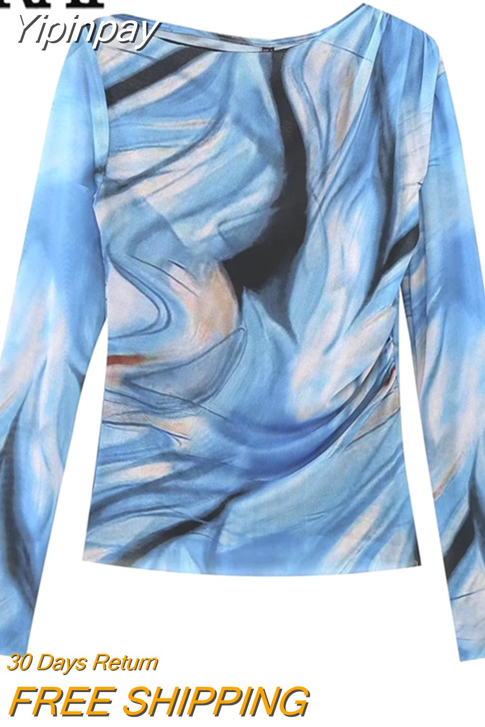 Yipinpay 2023 Blue Print Mesh Top Female Vintage Tulle Crop Top Women Ruched Chic Woman Blouse Long Sleeve Elegant Women's Blouses