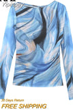 Yipinpay 2023 Blue Print Mesh Top Female Vintage Tulle Crop Top Women Ruched Chic Woman Blouse Long Sleeve Elegant Women's Blouses