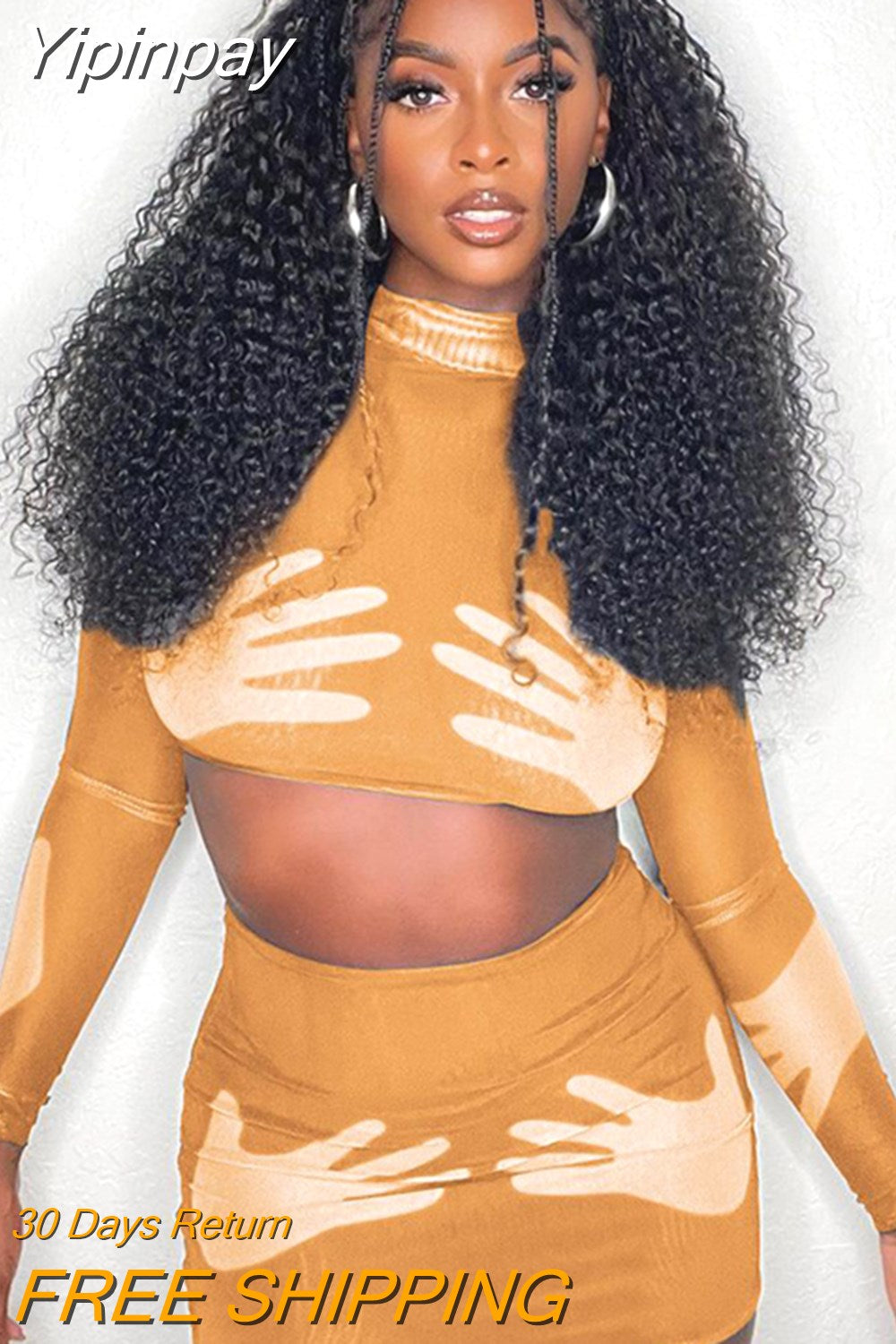 Yipinpay 3D Printed Palm Cropped Long-sleeved Top+Skirt 2 Piece Set Fall Outfits Women Street Fashion Casual Conjuntos De Vestidos