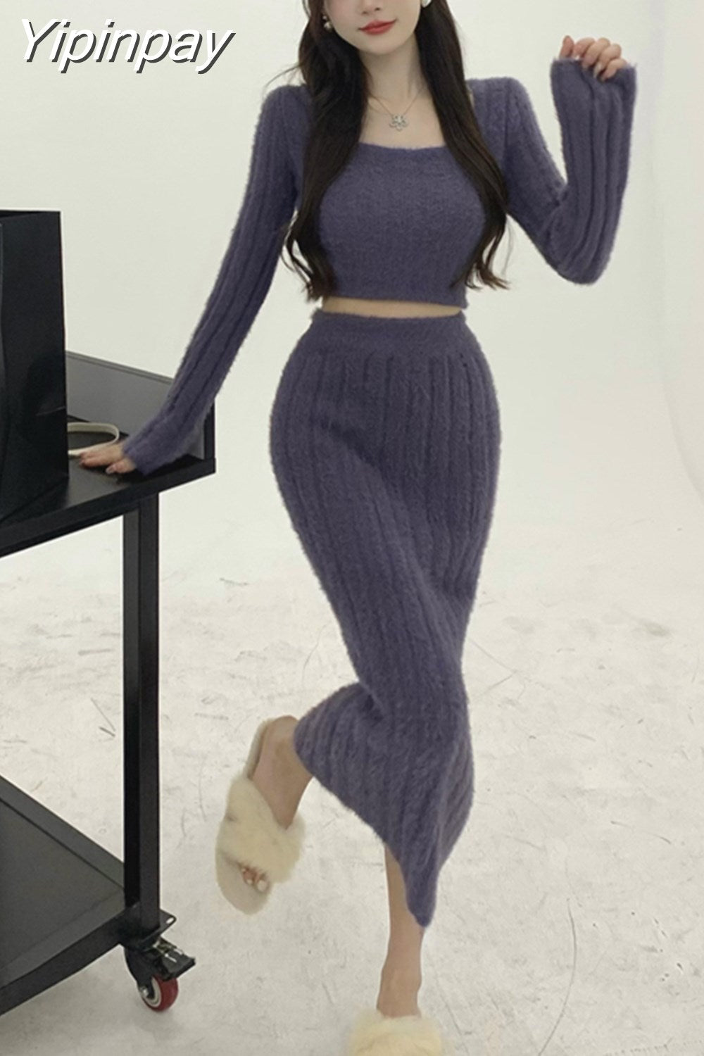 Yipinpay two piece skirt set Plush knit women long sleeve crop top +High waist midi skirts Elegant fall Winter 2023 white purple set