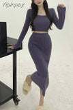 Yipinpay two piece skirt set Plush knit women long sleeve crop top +High waist midi skirts Elegant fall Winter 2023 white purple set