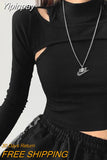 Yipinpay Knitted Crop Tops Women New Fitness Fake Two-piece T-shirt Female Black White Long Sleeve Tops