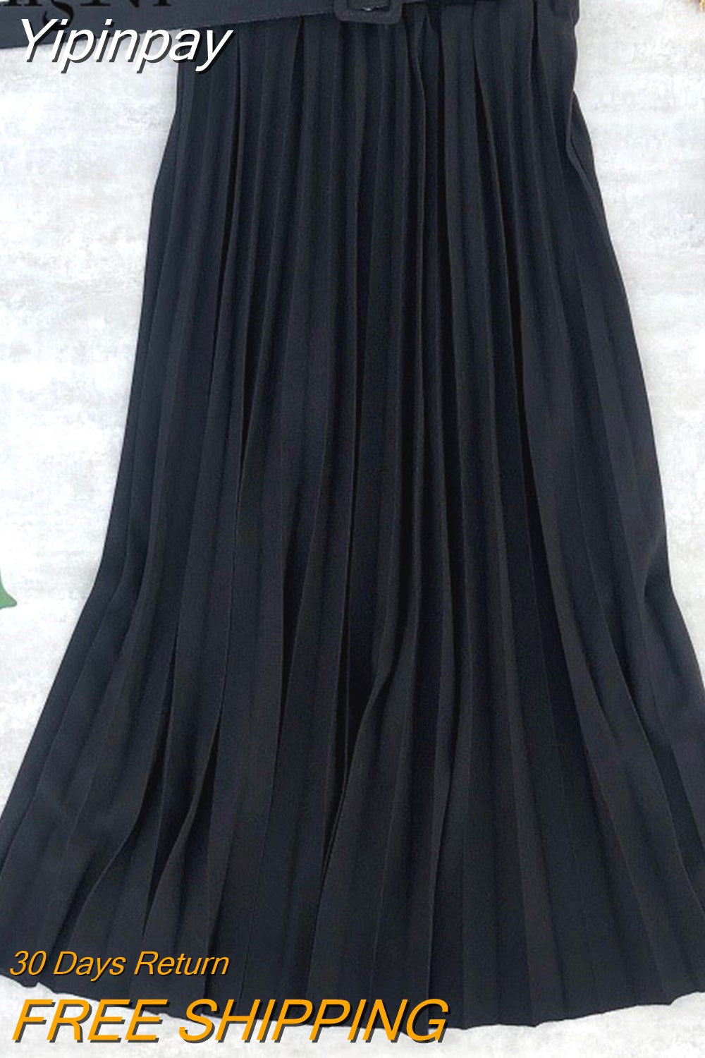 Yipinpay 2023 Autumn Summer Women Skirt Midi With Belt Pleated Female Skirts Casual Luxury Korean Faldas Ladies Saias Chic Jupe