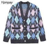 Yipinpay Women Winter Thicken Argyle Knitted Sweater Coats 2023 Fashion Jewelry Buttons Cardigan Tops Female Long Sleeve Chic Top