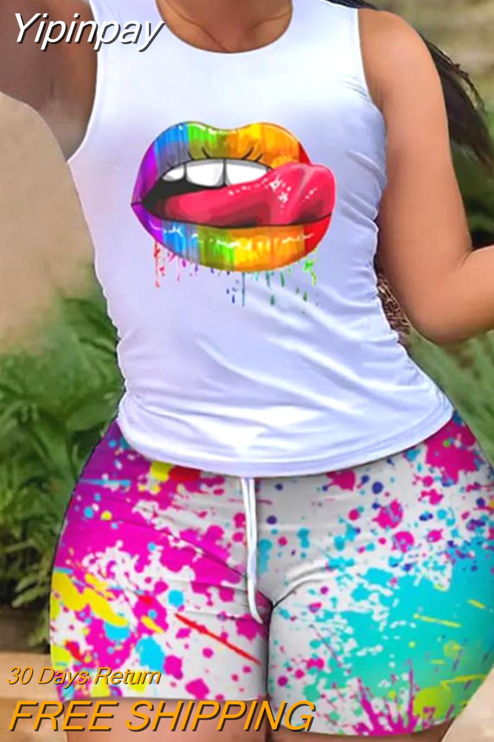 Yipinpay Women 2023 Summer Two Piece Sets Outfits Fashion Lip Print Round Neck Sleeveless Tank Top & Ink Splash Drawstring Shorts Set New
