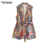 Yipinpay Spring Fashion Print Vest Coat With Belt 2023 New Two Pieces Long Pants Sets Casual Sleeveless Jackets Street Outwear