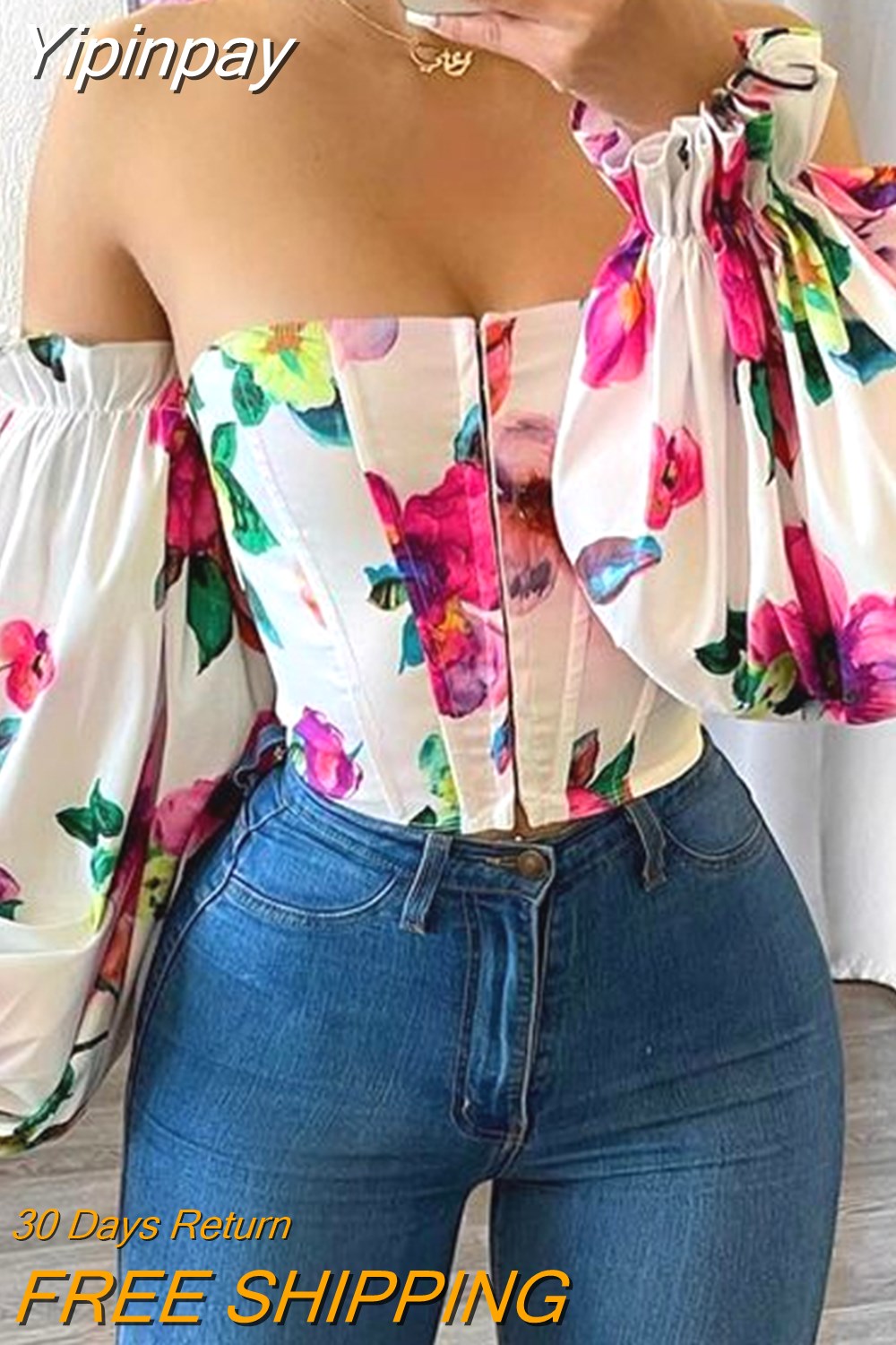 Yipinpay Women Off Shoulder Lantern Sleeve Floral Print Top for Women Top 2023