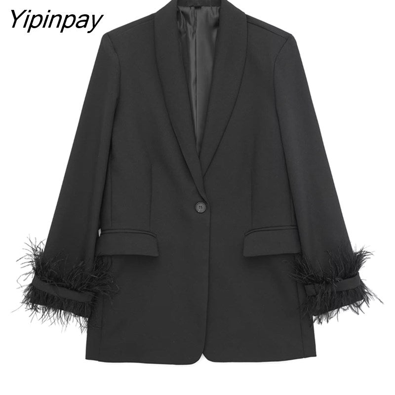 Yipinpay 2023 Women Feather Blazer Jackets Spring Autumn Notched Office Outfits Pockets Coats Single Button Long Sleeve Chic Outwear