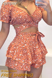 Yipinpay Women Chic Crop Top Gdisty Floral Ruffle Hem  Lace Up Short Sleeves Cris Cross Mini Sexy Vacation Short Sets