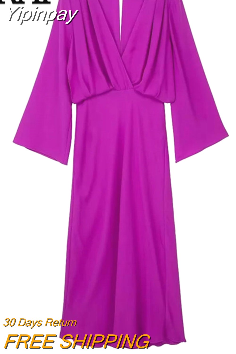 Yipinpay 2023 Purple Long Dress Women Pleated Satin Midi Dress Woman Long Sleeve Elegant Party Dresses For Women Evening Dresses