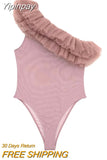 Yipinpay 2023 Pink Mesh Bodysuit Women Ruffle Body Woman Lingerie Sexy Tulle Bodysuit Off The Shoulder Asymmetrical Top Female