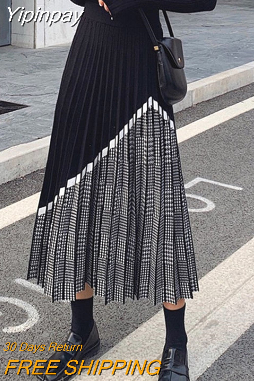 Yipinpay 2023 Autumn Winter Houndstooth Knitted Long Skirts Women Vintage Black High Waist Midi Pleated Skirt Elegant Casual