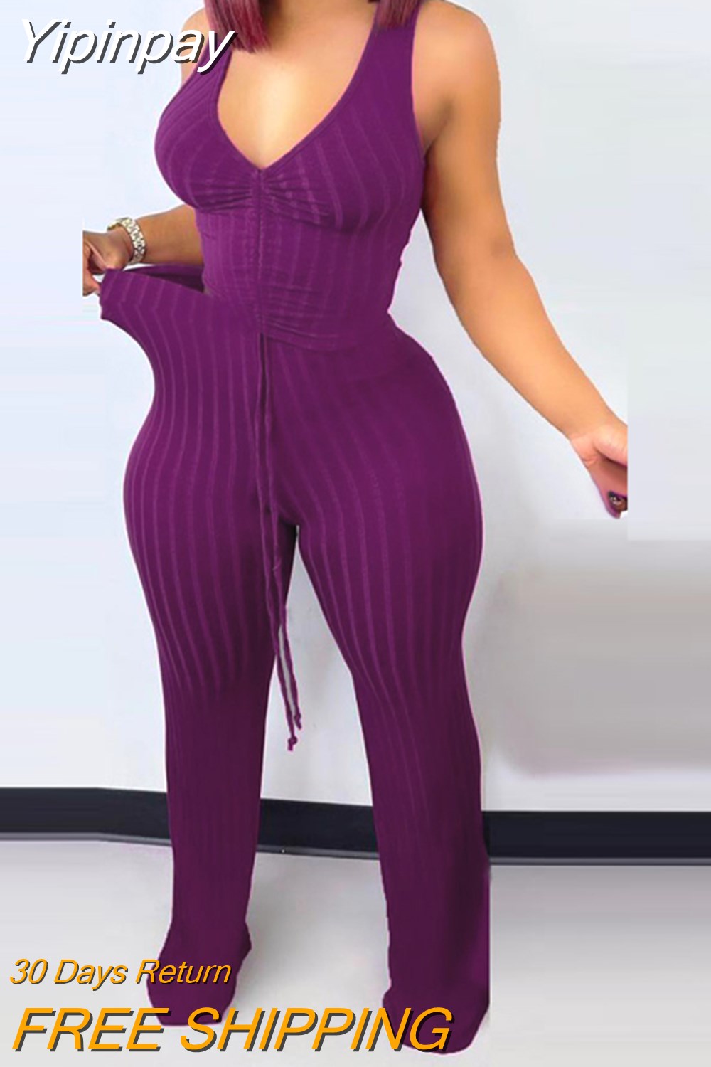 Yipinpay Women Elegant Solid Sleeveless Sexy Cami Crop Tops Shirring V Neck  Long Pants Straight Pants Sets