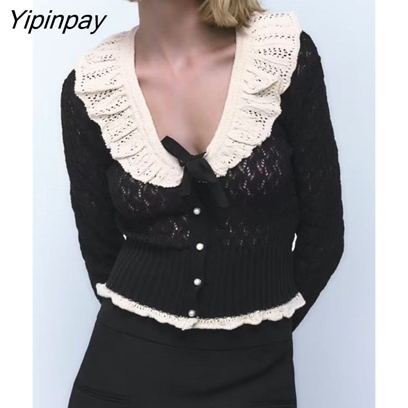Yipinpay 2023 Autumn Women Knitted Coats Harajuku Fashion Peter Pan Collar Cardigan Sweater Single Breasted Long Sleeve Sweater