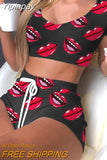 Yipinpay Lips Print Sportswear Women's 2023 Summer Crop Top And Drawstring Biker Shorts Matching Two Piece Sets