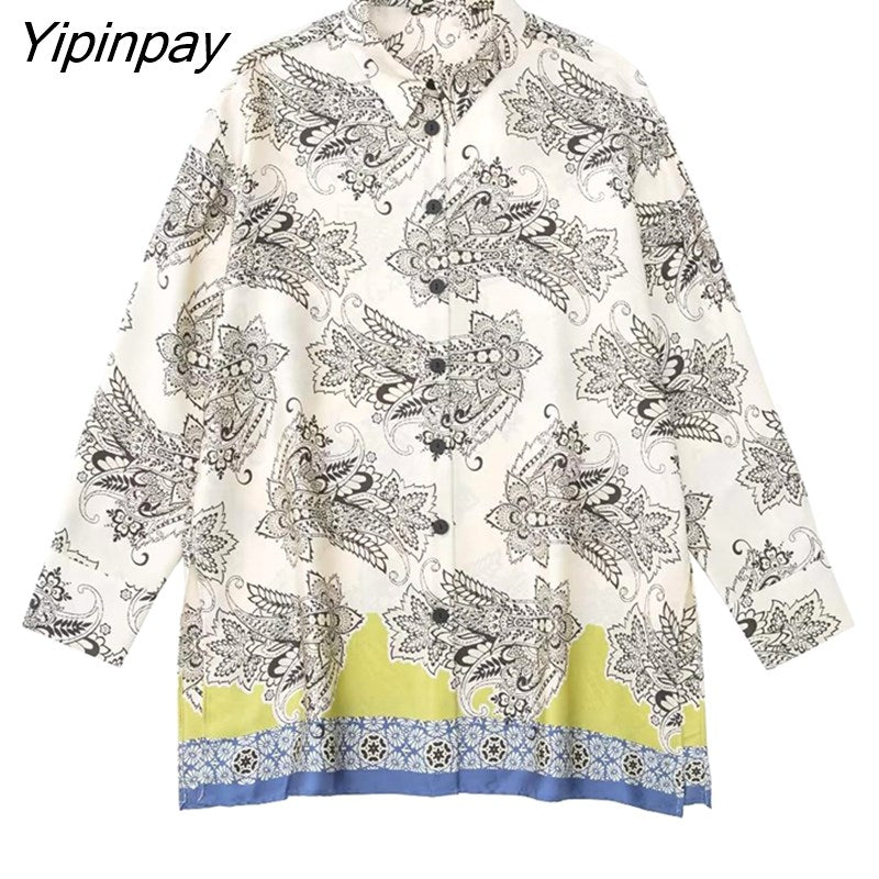 Yipinpay 2023 Spring Autumn Women Printed Shirts Suit Oversized Fashion Single Breasted Blouses 2 Pcs Wide Leg Pants Street Outwear