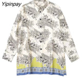 Yipinpay 2023 Spring Autumn Women Printed Shirts Suit Oversized Fashion Single Breasted Blouses 2 Pcs Wide Leg Pants Street Outwear