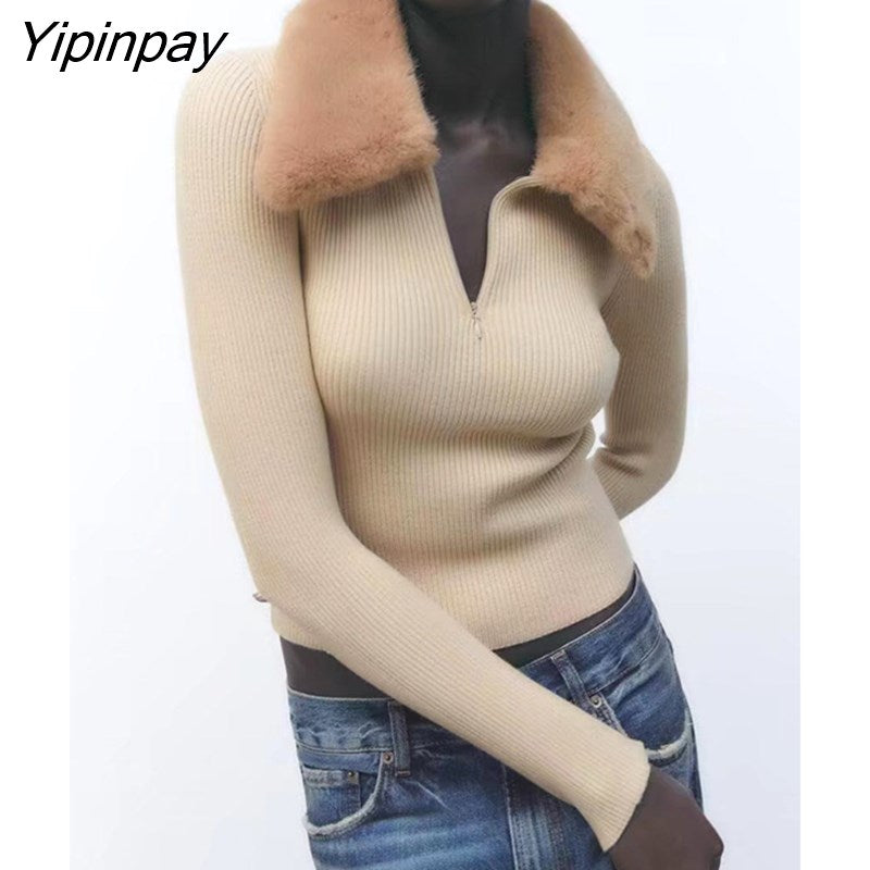 Yipinpay 2023 Women Zip-up Knitted Sweater Coats Harajuku Autumn Winter Warm Long Sleeve Cardigan Turn Down Collar Solid Tops