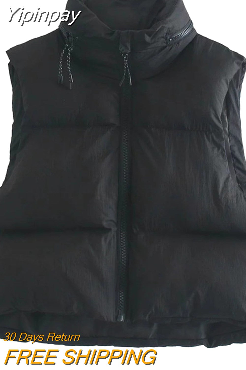 Yipinpay 2023 Winter Black Cropped Vest Coat Women Fashion Keep Warm Sleeveless High Collar Zip Up Wasitcoats Woman Casual Vest Top
