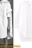 Yipinpay Oversized White Shirt Women 2023 Autumn Long Sleeve Collared Button Up Long Shirts Ladies Asymmetric Hem Casual Tops