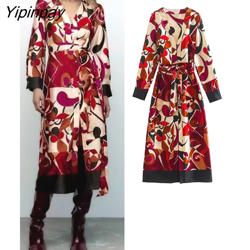 Yipinpay 2023 New Women Printed Dresses With Belt Spring Summer Fashion Ladies Party Mid-Calf Dresses Long Sleeve Elegant Vestidos