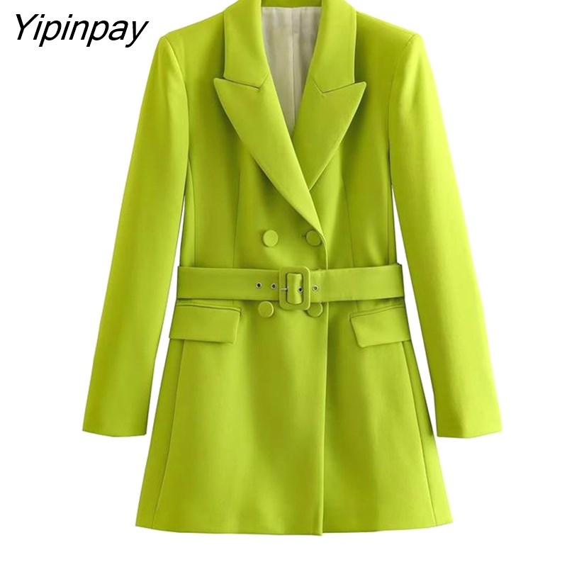 Yipinpay Women Solid Blazer Jacket With Belt 2023 Spring Autumn Notched Office Outfits Coats Double Breasted Chic Outwear Two Colors