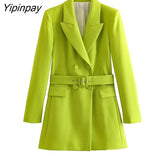 Yipinpay Women Solid Blazer Jacket With Belt 2023 Spring Autumn Notched Office Outfits Coats Double Breasted Chic Outwear Two Colors