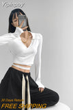 Yipinpay Waist Cross Bandage Polo Shirt Women Y2K Tops Fashion Fitness V-neck T-shirts Woman 2023 Spring Autumn