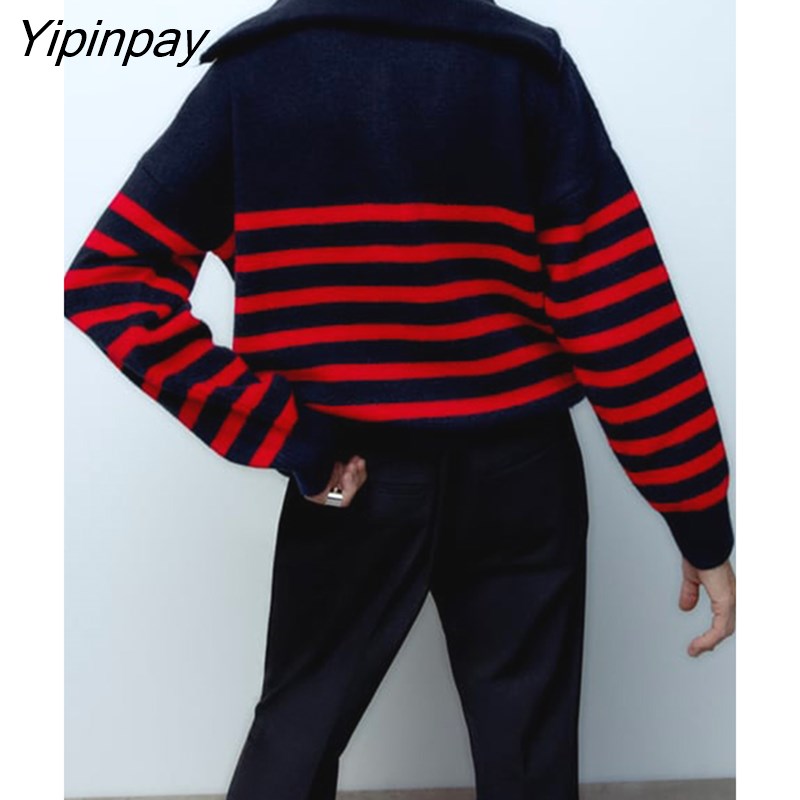 Yipinpay Women Zip-up Striped Knitted Sweater 2023 Autumn Turtleneck Long Sleeve Coats Female Pullovers Fashion Loose Chic Tops