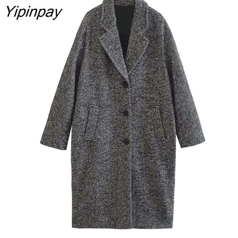 Yipinpay 2023 Gray Women Winter Classic Woolen Overcoat Warm Long Sleeved Single Breasted Coat Ladies Fashion Notched Streetwear