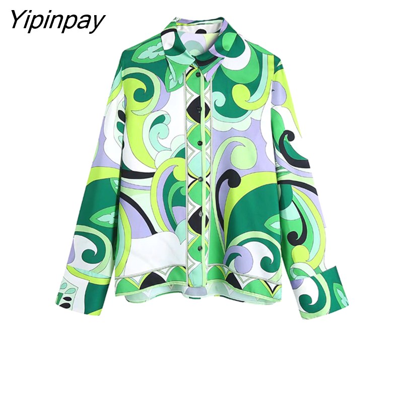 Yipinpay 2023 Print Shirt Women Vintage Long Sleeve Top Female Fashion Streetwear Collared Shirt Woman Summer Elegant Blouses