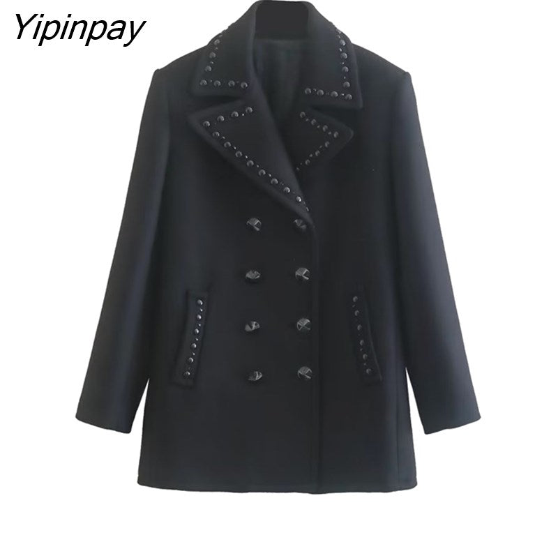 Yipinpay Warm Winter Black Solid Rivet Woolen Coat 2023 Fashion Long Sleeve Outwear Office Outfits Double Breasted Notched Overcoat