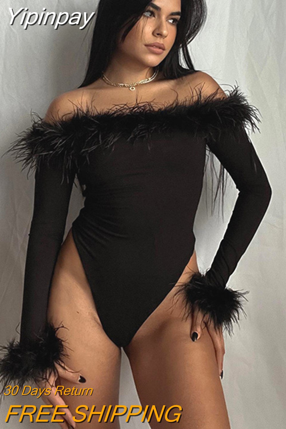 Yipinpay Korean Velvet Feather Long-sleeved Bodysuit Shapewear Women Strapless Tops Nightclub Street Sexy Bottoming Clothes Femme