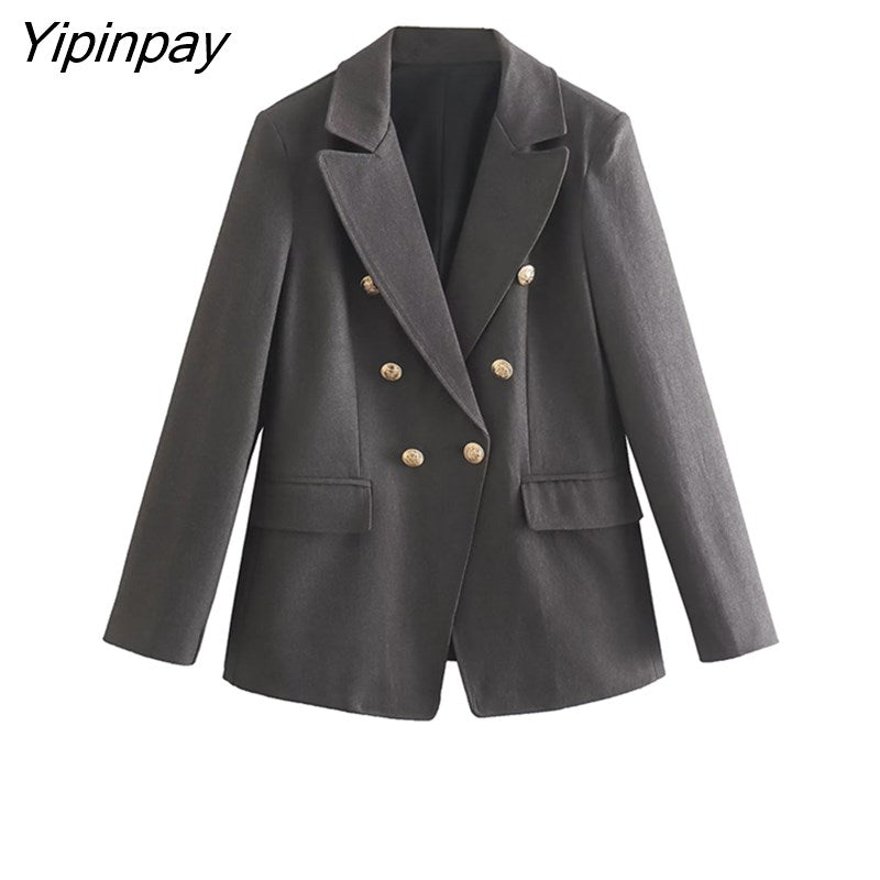 Yipinpay Spring Autumn Women Double Breasted Blazer Coat 2023 Vintage Notched Long Sleeve Jacket Office Lady Pockets Outerwear Tops