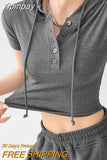 Yipinpay Hooded T-shirts Women Summer New Tight Short Sleeve Y2k Tees Gray Crop Tops Female