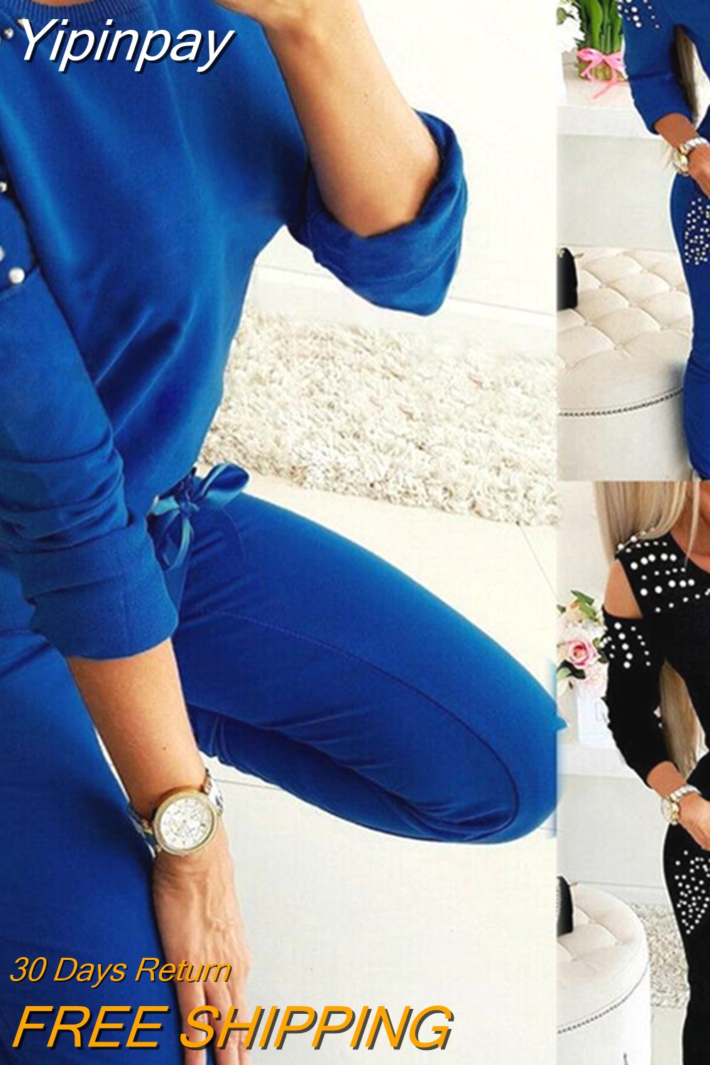 Yipinpay Women's Casual 2 Piece Outfits Hollow Out Design Beading Decor O-Neck Long/Short Sleeve Solid Top+Drawstring Slim Pencil Pants
