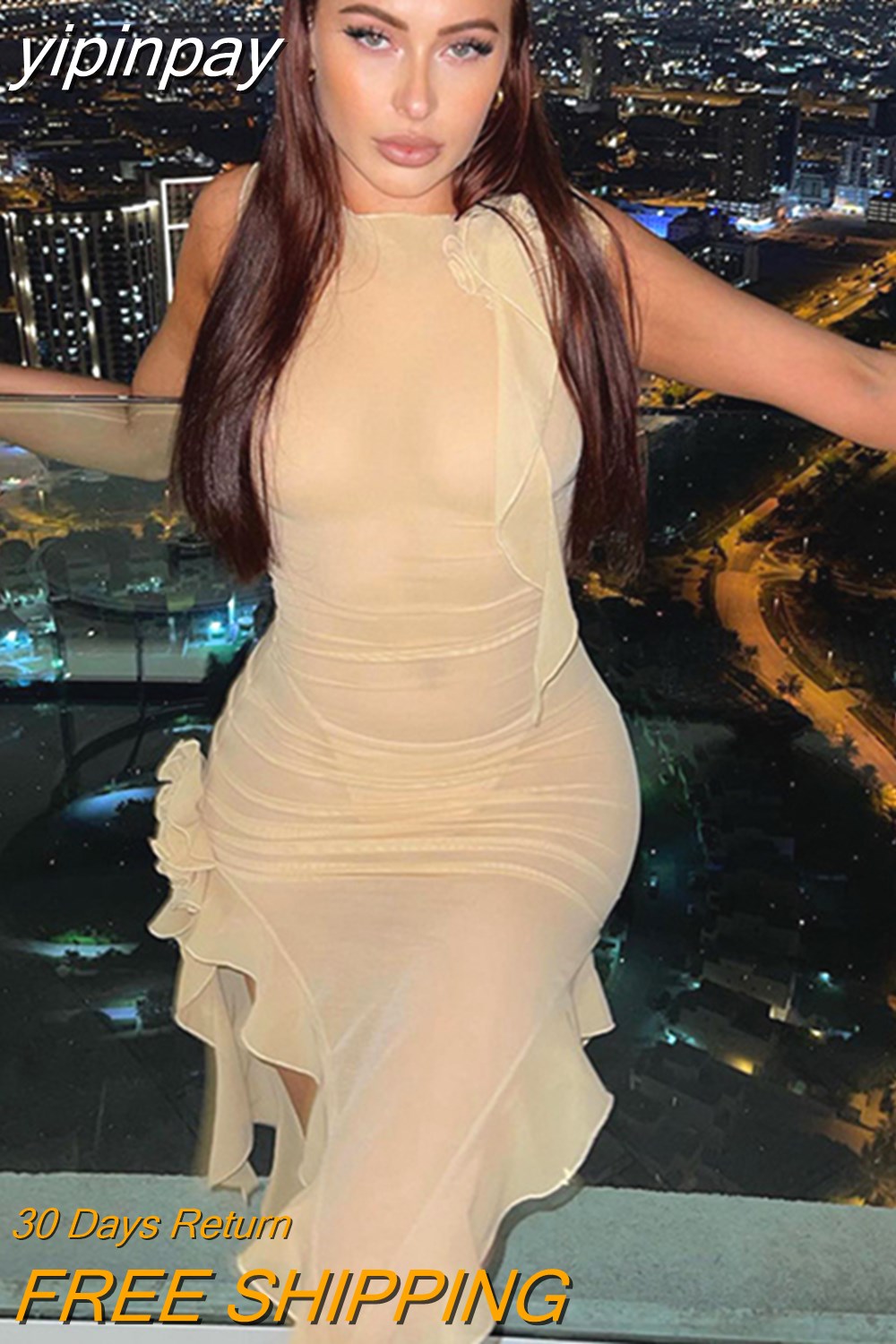 yipinpay 2023 Spring New Fashion Evening Sexy Party Night Club Mini Dress Women Bodycon See Through Mesh Sleeveless Dress Y2K