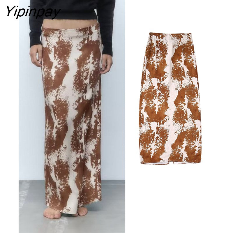 Yipinpay 2023 Ladies Printed Straight Skirts Spring Autumn High Waist Back Split Skirt Female Zipper Midi Pencil Skirt