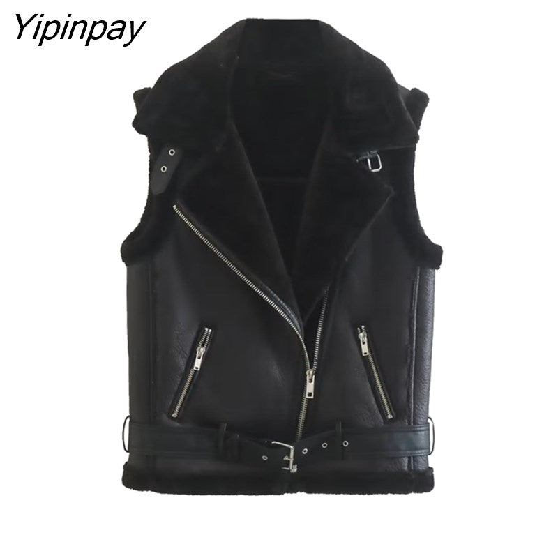 Yipinpay Women Fashion Winter Faux Leather Vest Jacket 2023 Fleece lLning Thicken Warm Coat Vintage PU Female Waistcoat Chic Tops